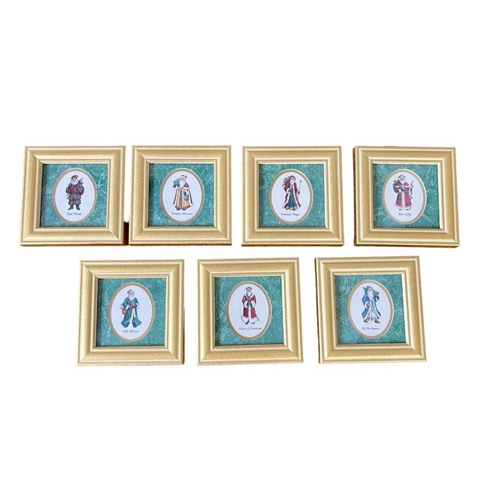 1993 Heartfelt Collection Framed Mini Traditional Santa Prints Kathy Seek, 7 Set